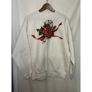 Vintage Hanes Her Way White Christmas Candy Cane Holly Bells Sweatshirt XL